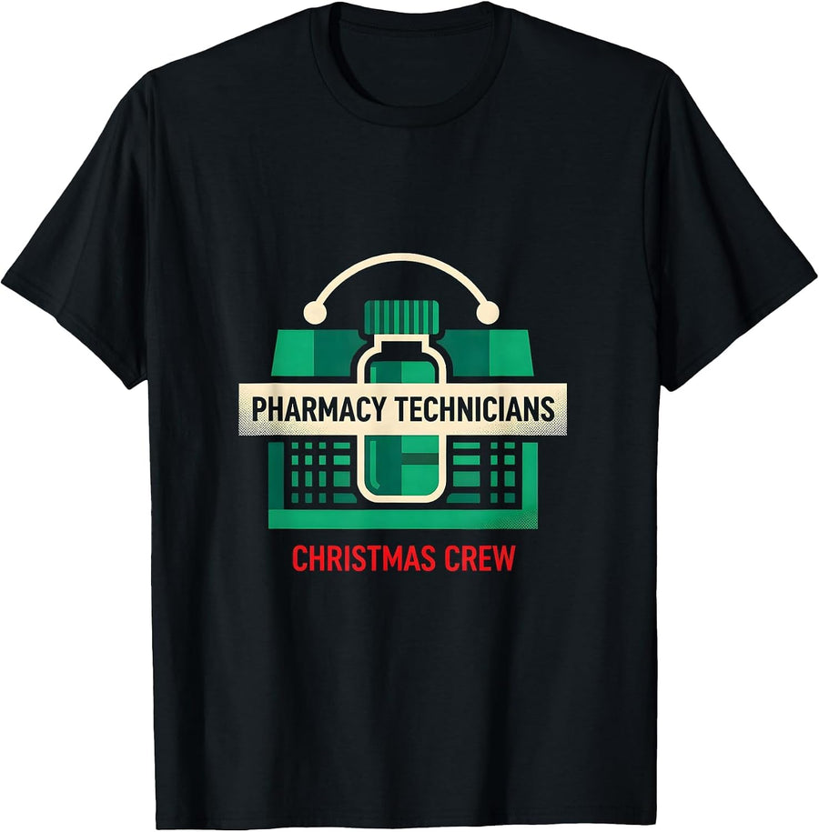 Men's Pharmacy Technicians Christmas Crew Funny Pharmacy Tech T-Shirt - Black