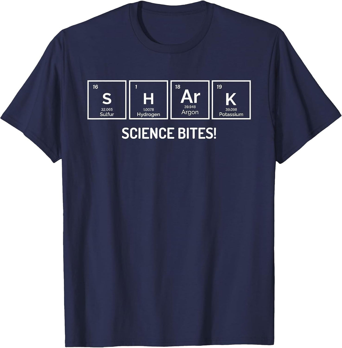 Shark Science Bites Funny Periodic Table Chemistry T-Shirt - Navy Blue
