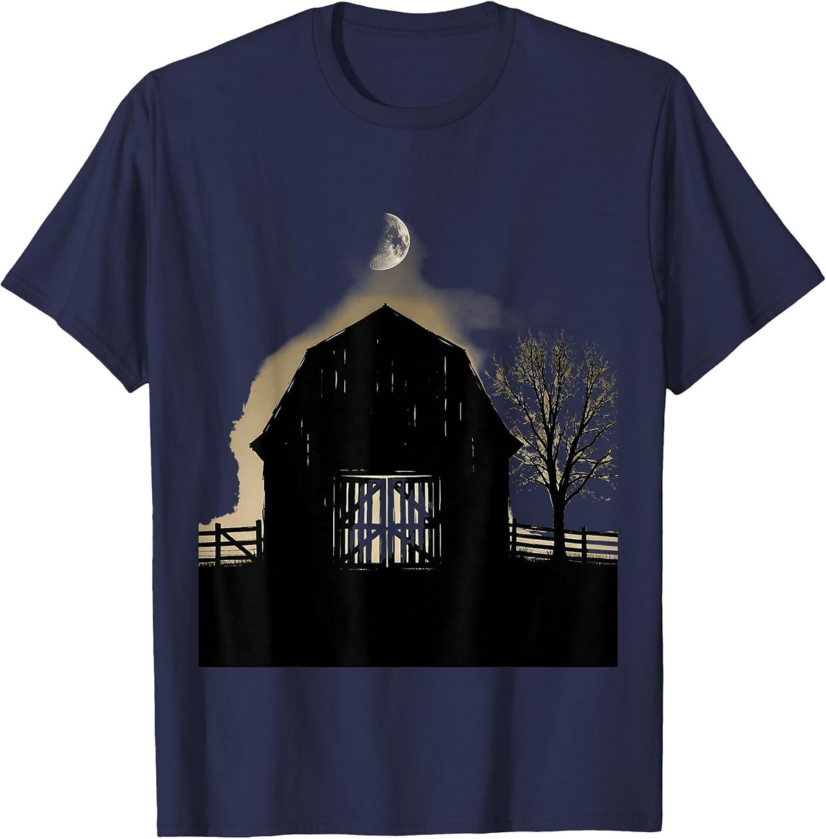 Weathered Barn Doors Crescent Moon Country Design T-Shirt - Navy Blue