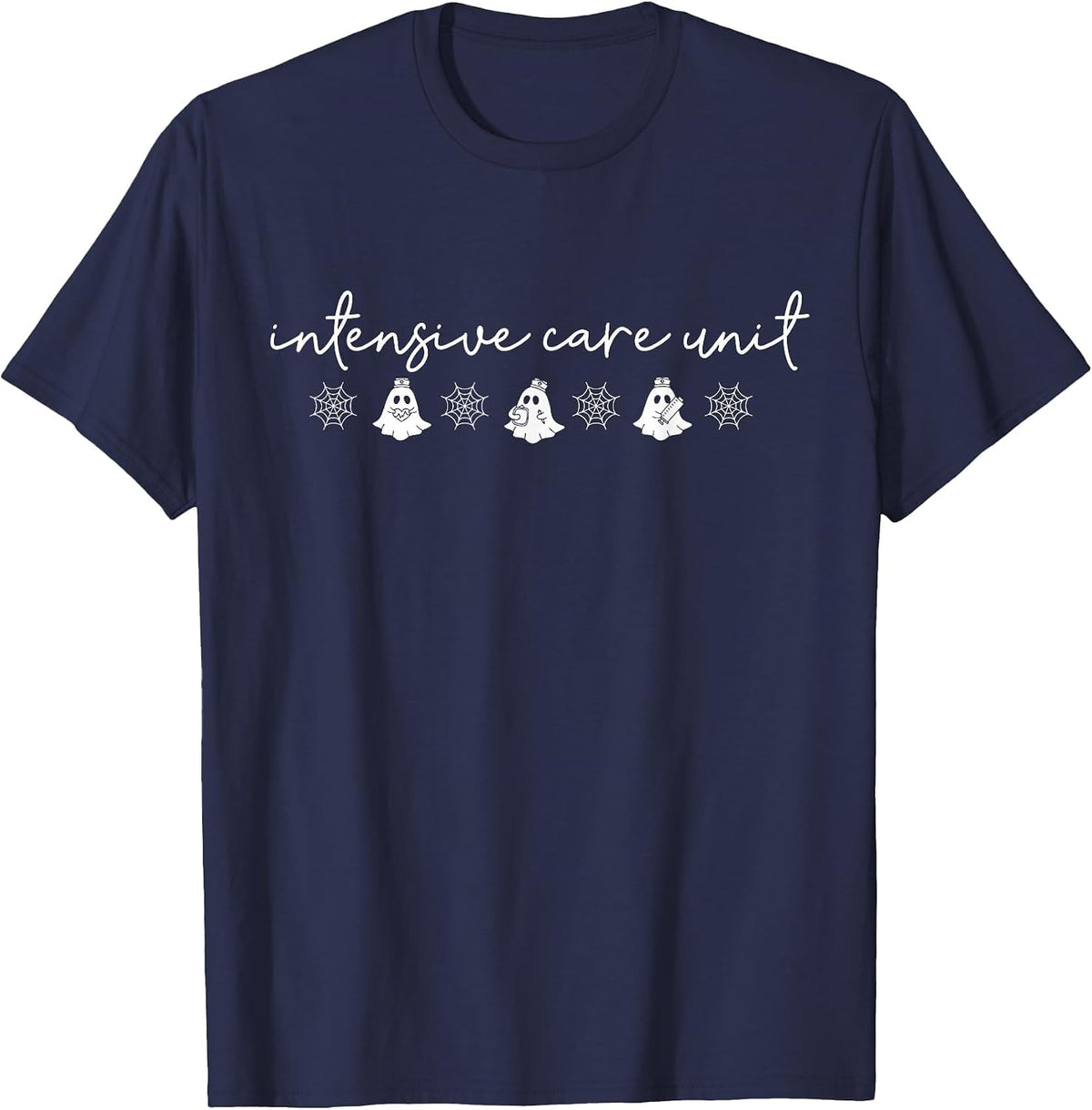 Retro Ghost Intensive Care Unit Spooky Halloween ICU Nurse T-Shirt - Navy Blue