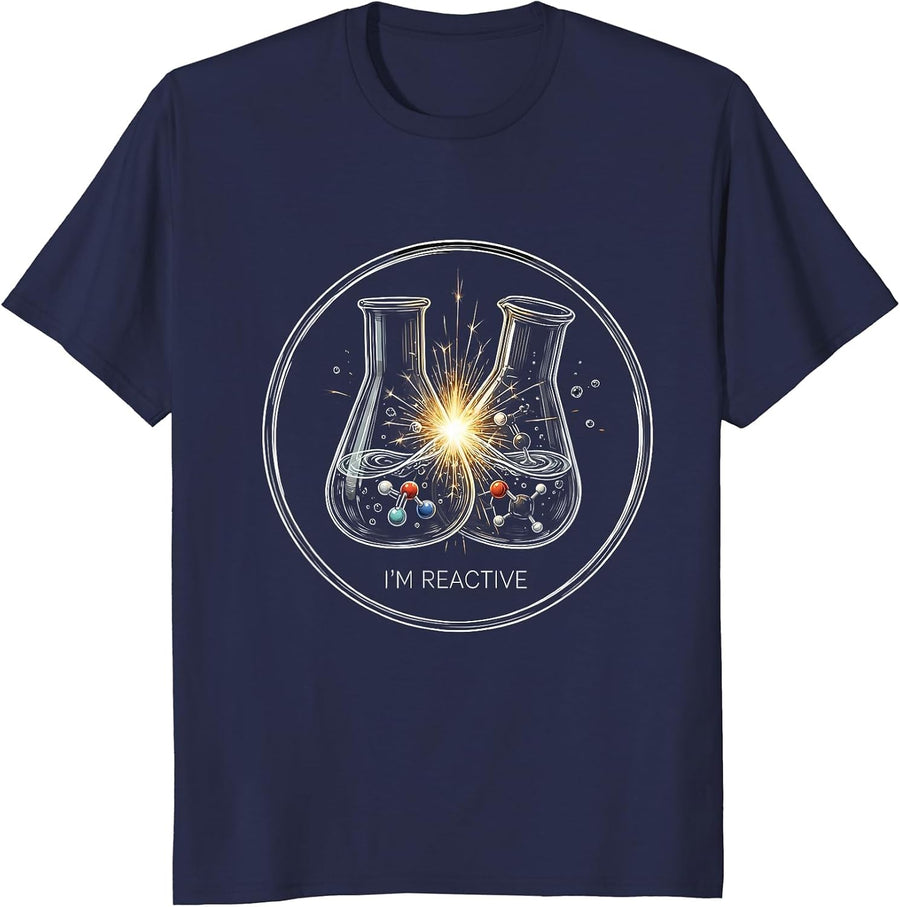 I'm Reactive Line Art Chemistry Pun Science Humor T-Shirt - Navy Blue