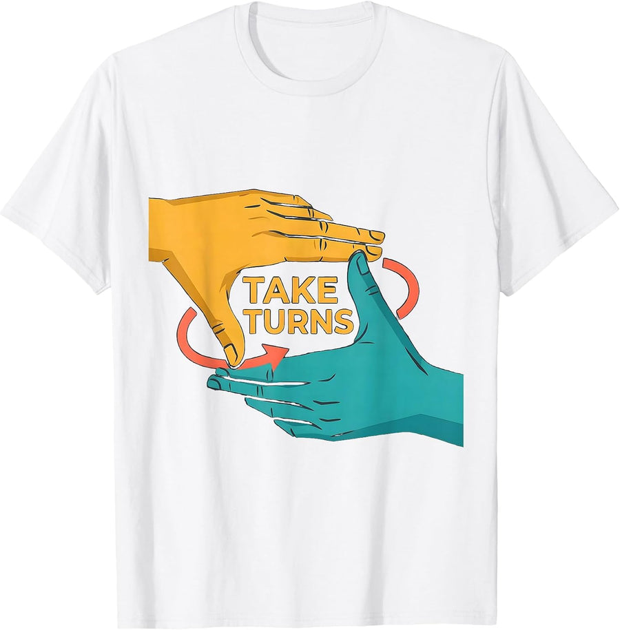 Men's Take Turns Flat Vector ASL Sign Language Teacher Classroom T-Shirt - White