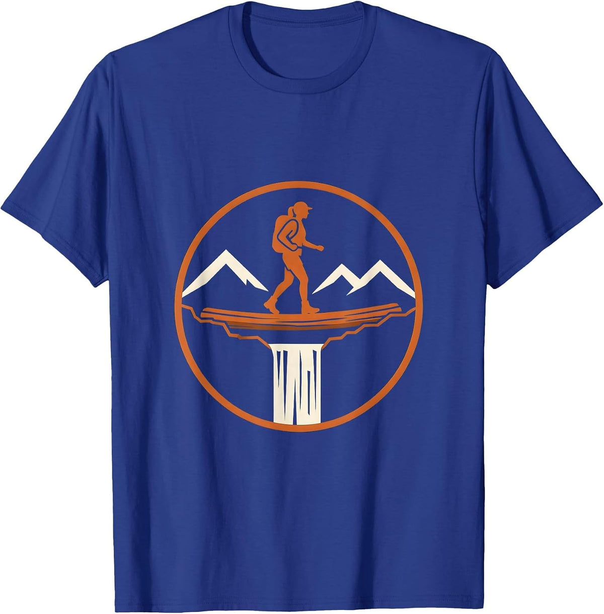Hiker Crossing Log Bridge Over Waterfall T-Shirt - Royal Blue