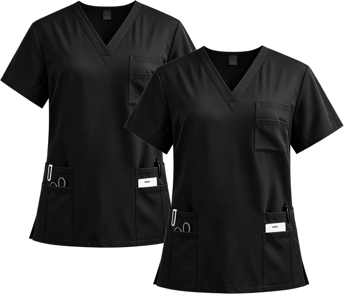 V Neck Medical Scrub Top 2PCS 8 Pockets 94% Polyester 6% Spandex Soft Breathable Quick Dry Stretch Uniform DK91 - Black