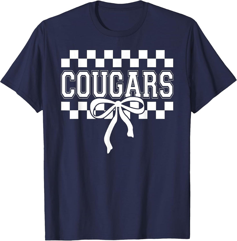 Checkered Cougars School Spirit, Fan Team Spirit Day T-Shirt - Navy Blue