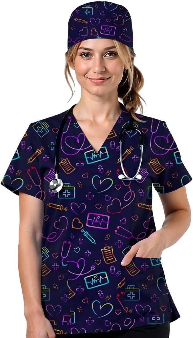 2Pcs Women's Scrubs Set with Cute Printed Scrub Caps V Neck Tops Soft Casual Nurse Uniform with Pockets - 3237-navyblue