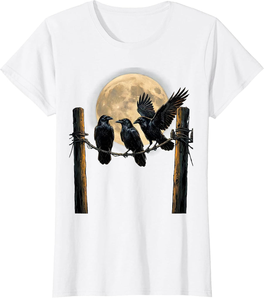 Women's Three Crows on a Wire Illustration T-Shirt - White