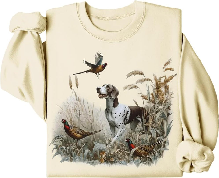 Retro German Shorthaired Pointer Dog & Pheasants Sweatshirt, 90s Vintage GSP Ring-Necked Hunter Sweatshirt - Creamy Yellow