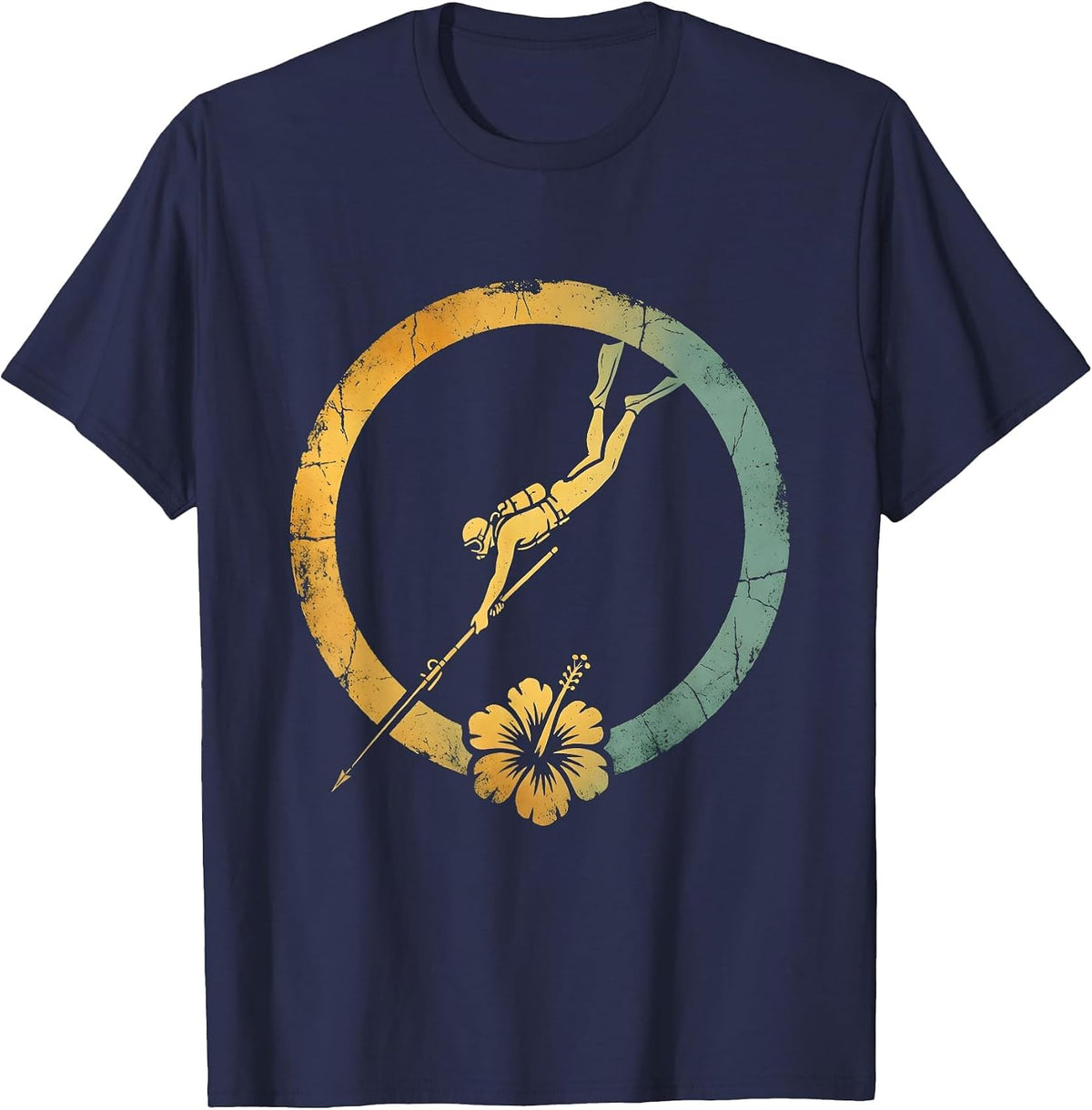 Hawaiian Spearfisher Diving Ocean Floor Graphic T-Shirt - Navy Blue