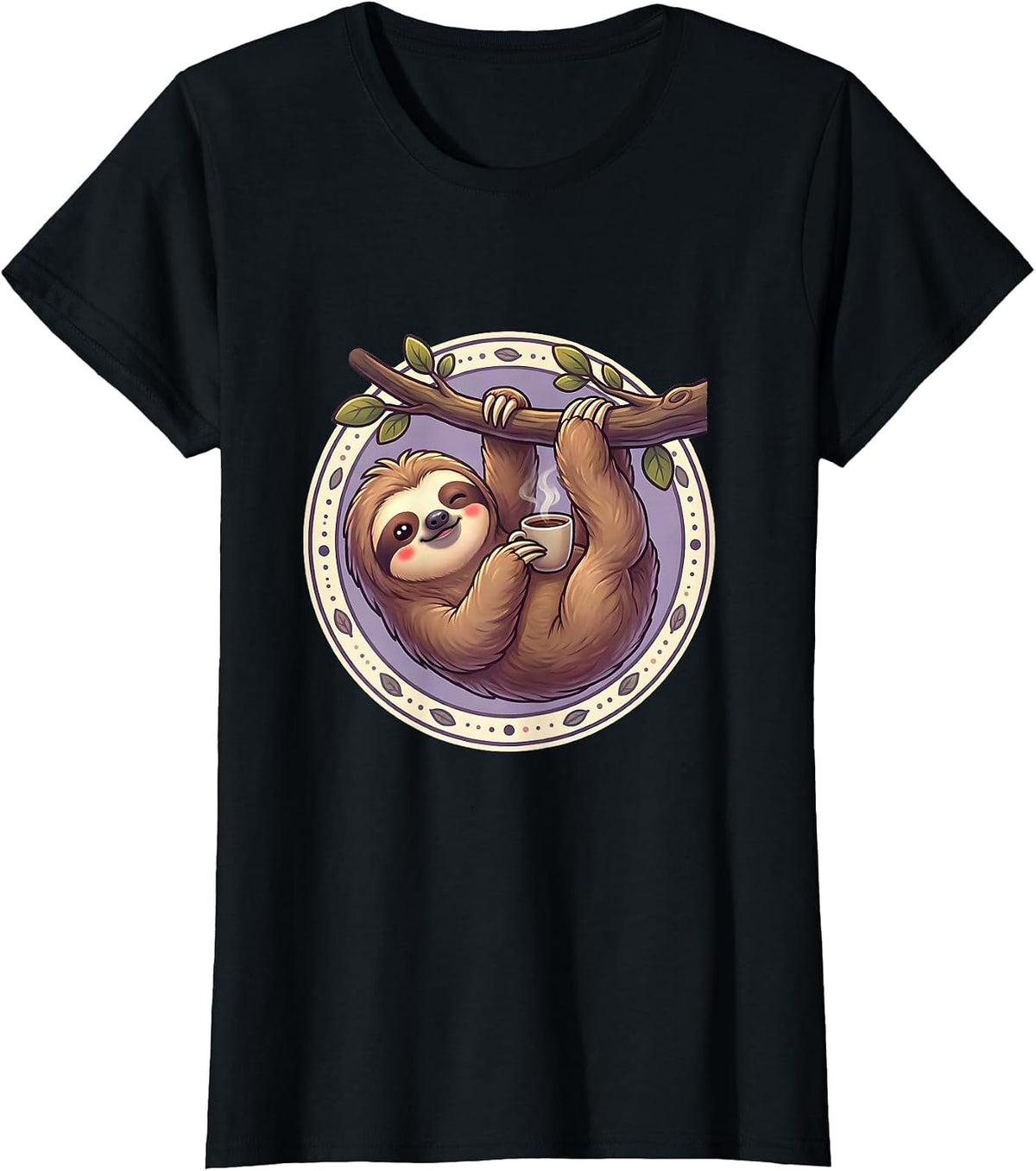 Women's Funny Sloth Hanging With Coffee Graphic Tee T-Shirt - Black