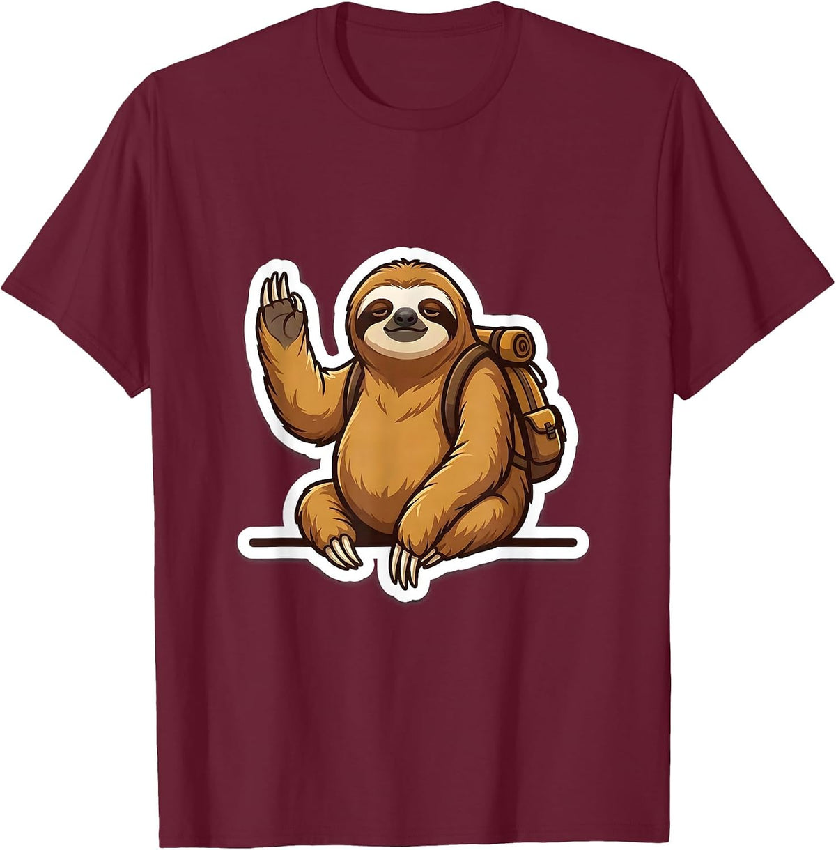 Men's Round-Faced Sloth Sticker-Style Cute Mascot Gift T-Shirt - Burgundy