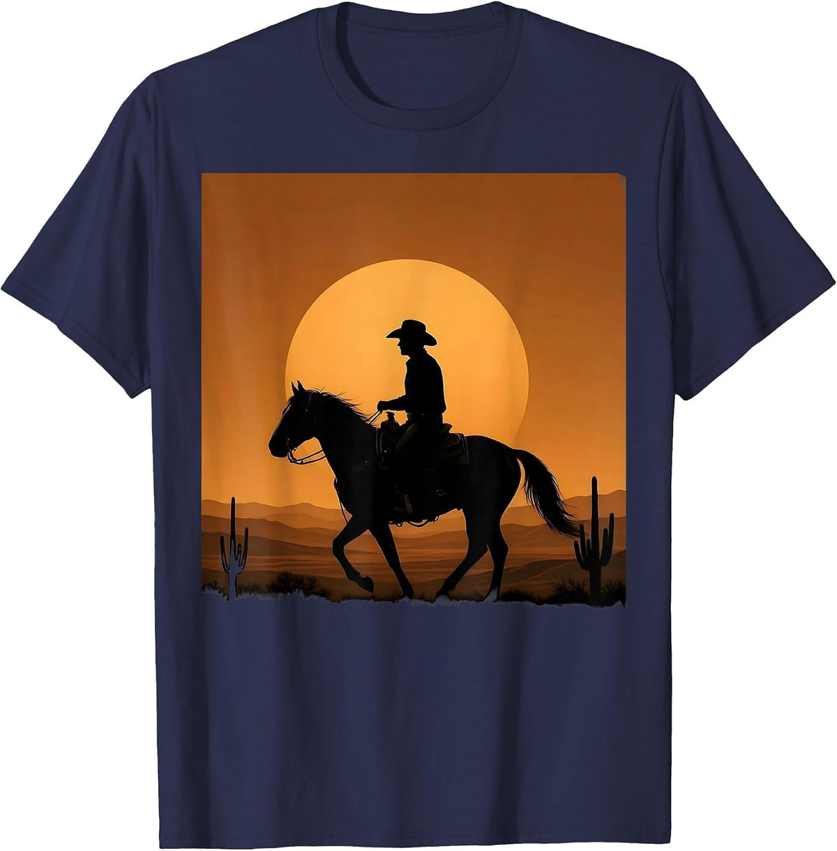 Lone Cowboy Riding Horse at Dusk Illustration T-Shirt - Navy Blue