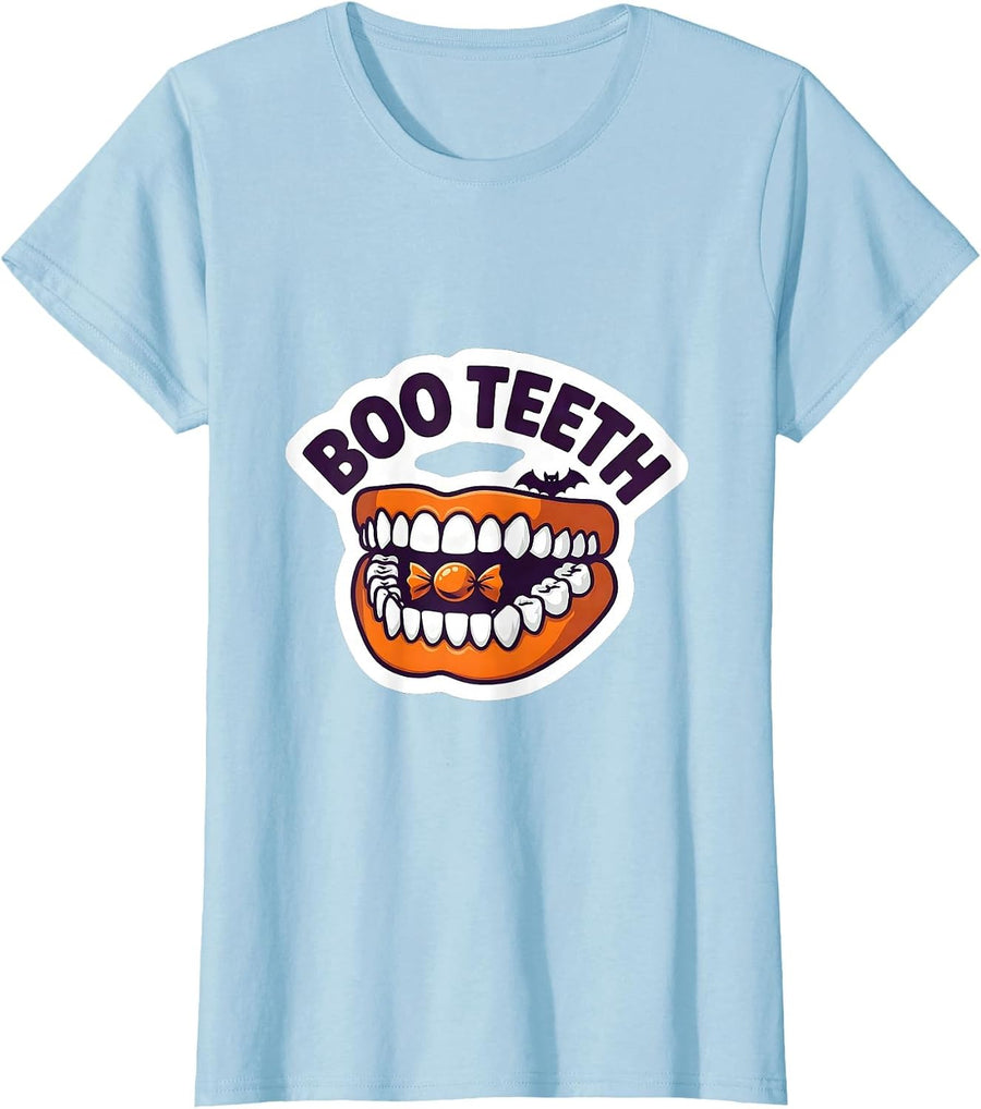 Women's Boo Teeth Funny Dental Hygienist Halloween Pun Humor T-Shirt - Baby Blue
