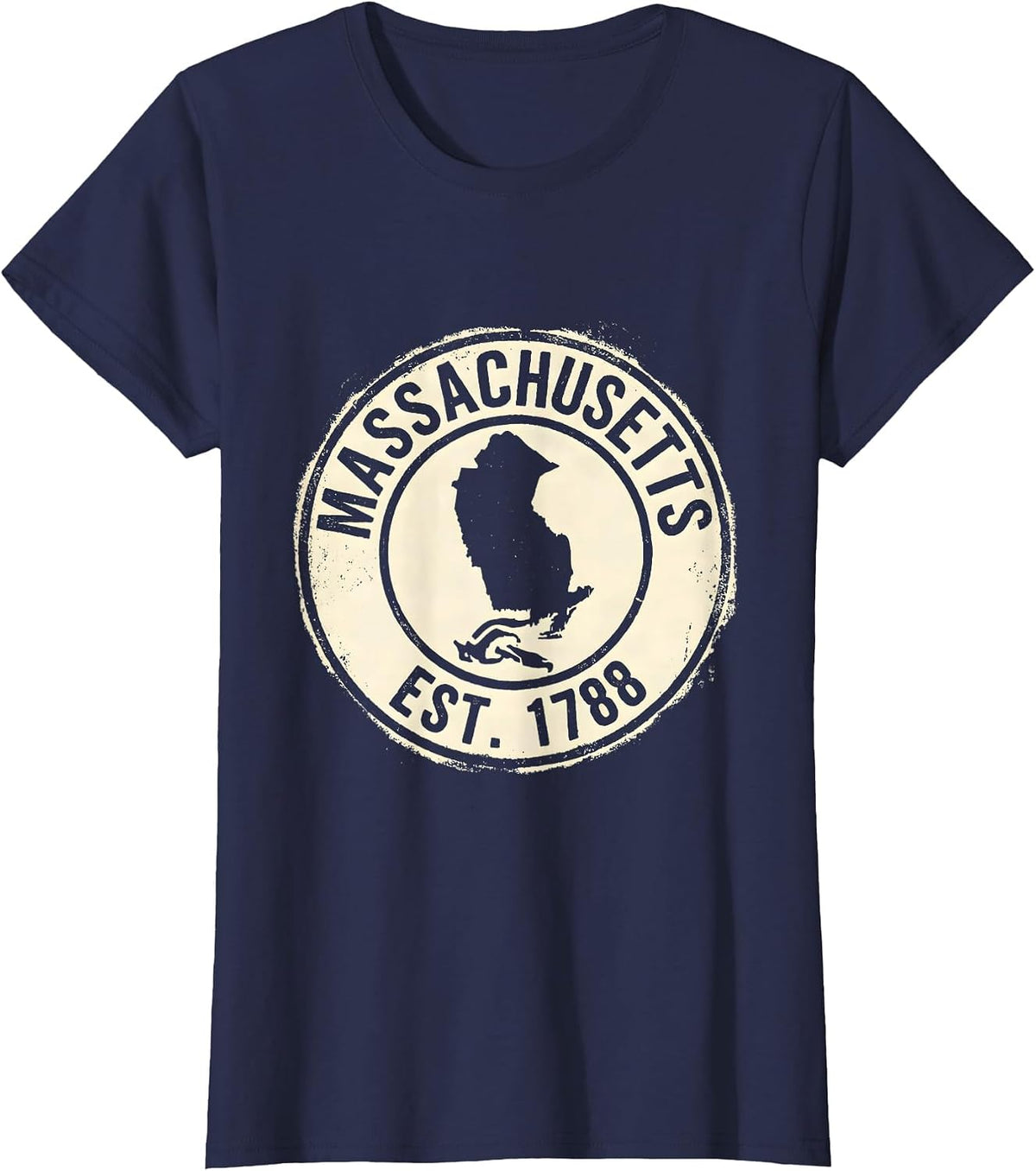 Women's Massachusetts Est. 1788 Vintage Rubber Stamp State Pride T-Shirt - Navy Blue