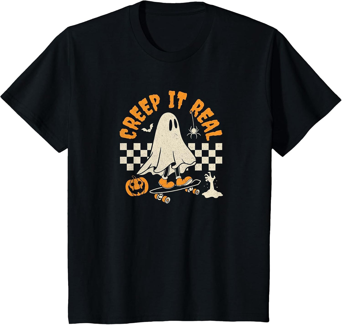 Halloween Creep it Real Ghost Skateboard for Women Kids T-Shirt - Black