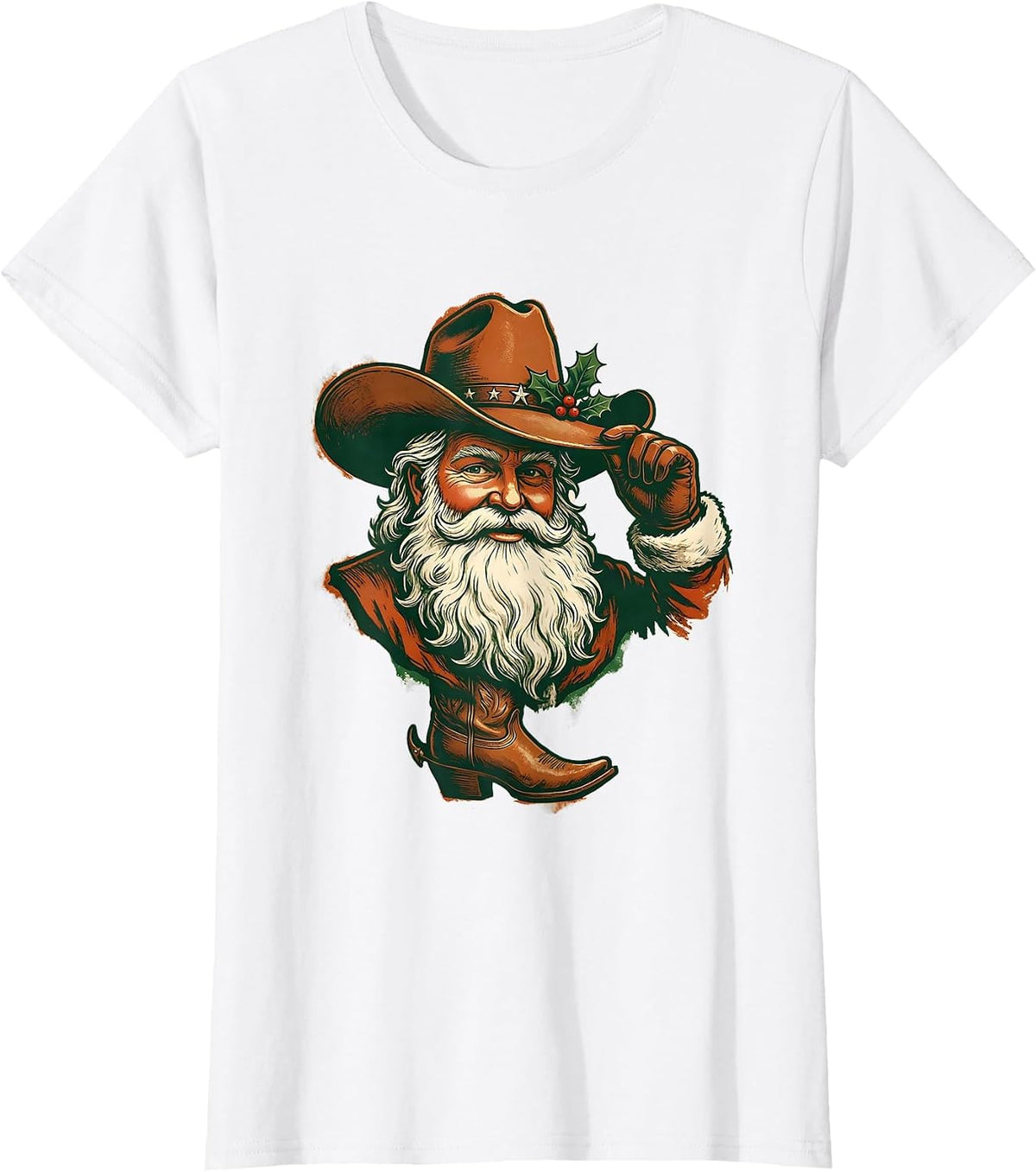 Cowboy Santa Bust Rubber Stamp Western Christmas T-Shirt - White