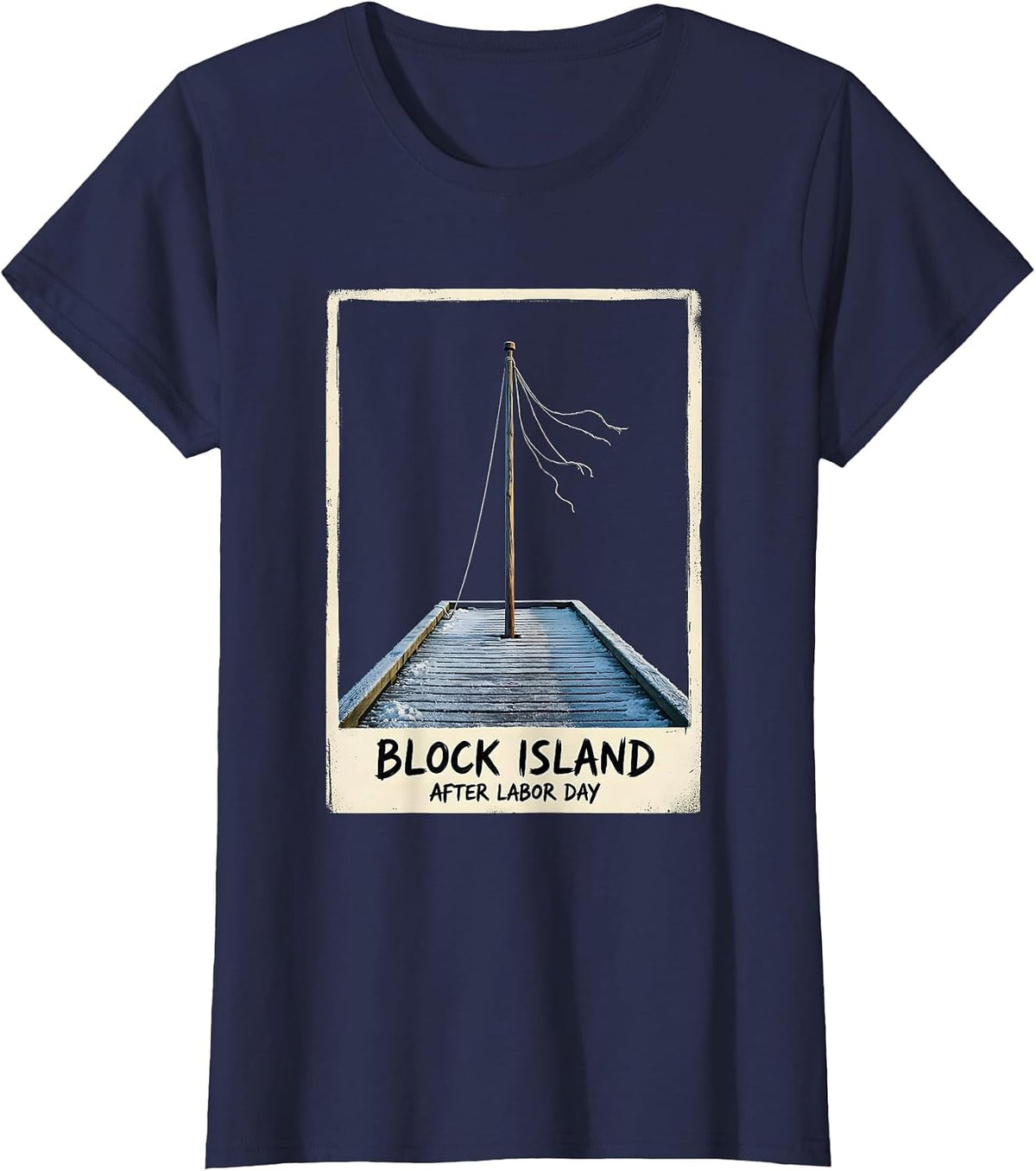 Women's Block Island After Labor Day Vintage Coastal Town Pride T-Shirt - Navy Blue