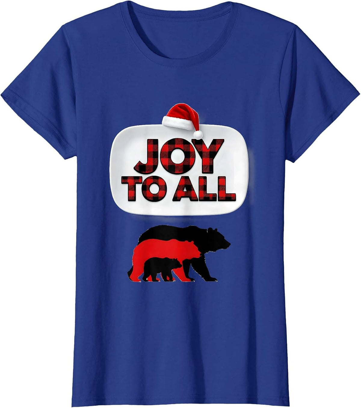 Women's Joy To All Buffalo Plaid Bear Family Christmas Pajama Gift T-Shirt - Royal Blue