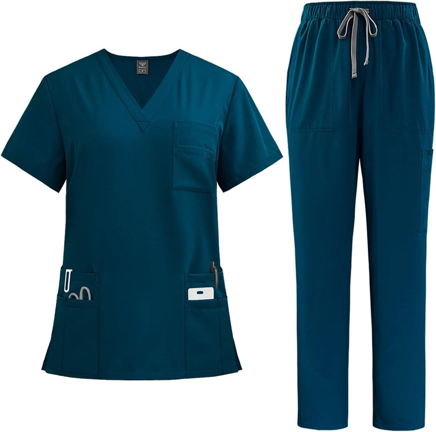 Scrubs for Women Set V Neck Stretch Jogger with Pockets Nursing Uniform - A17-turquoise