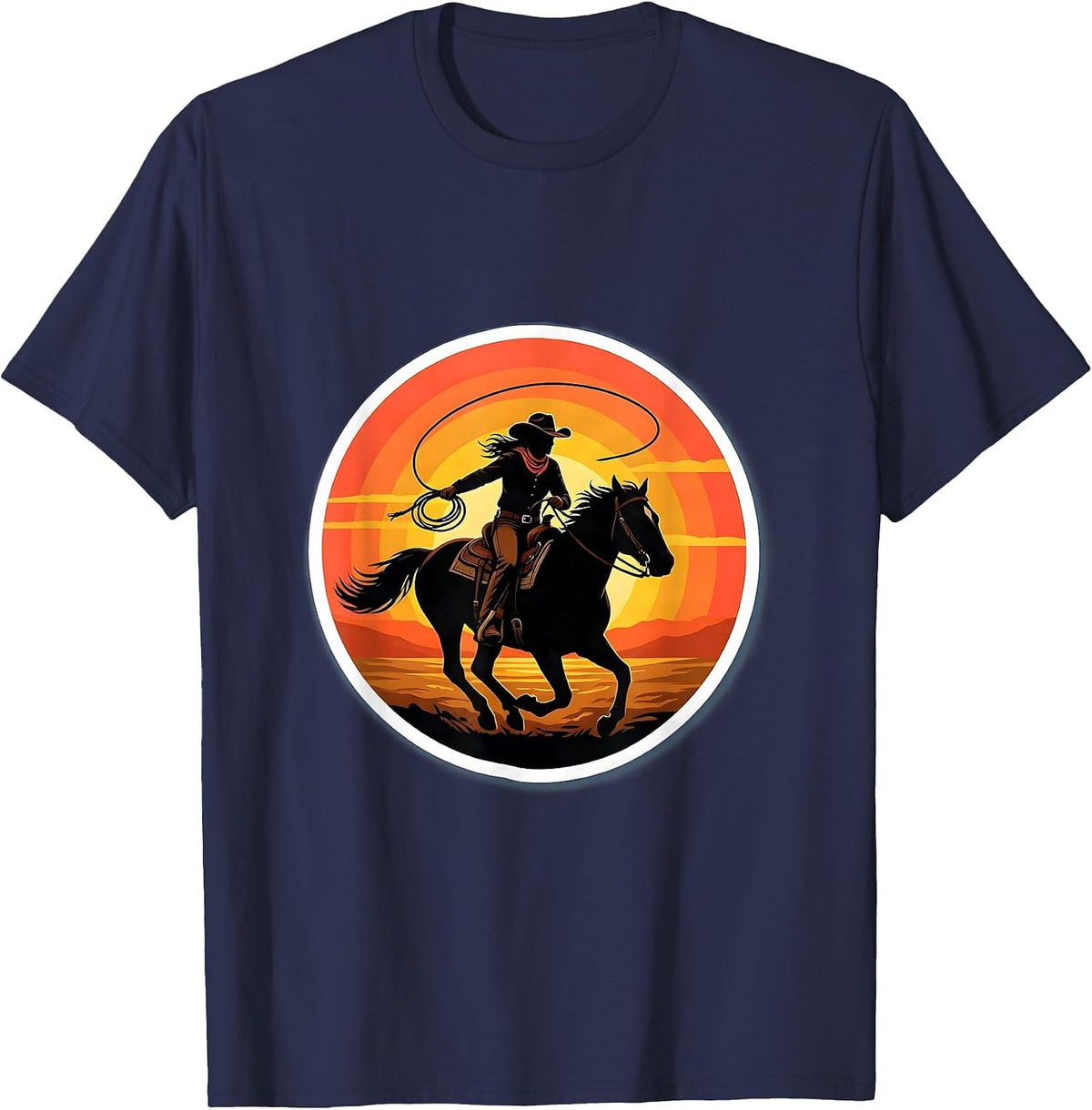 Cowgirl Riding Horse Sunset Silhouette T-Shirt - Navy Blue