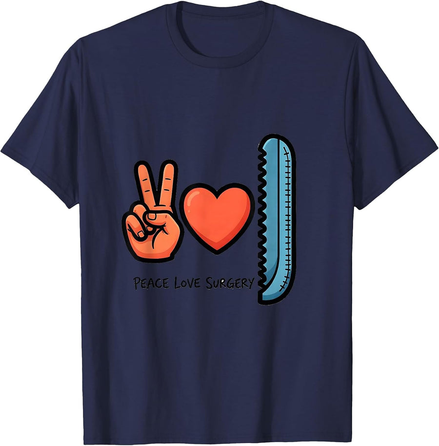 Peace Love Surgery Cartoon Surgical Tech Surgeon Gift T-Shirt - Navy Blue