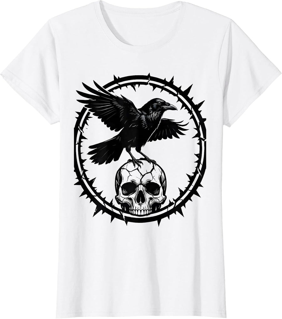 Women's Crow Perched on Skull Dark Gothic Horror Design T-Shirt - White
