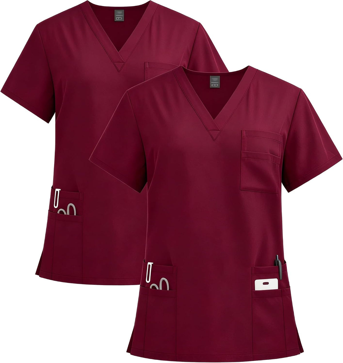 V Neck Medical Scrub Top 2PCS 8 Pockets 94% Polyester 6% Spandex Soft Breathable Quick Dry Stretch Uniform DK91 - Wine Red