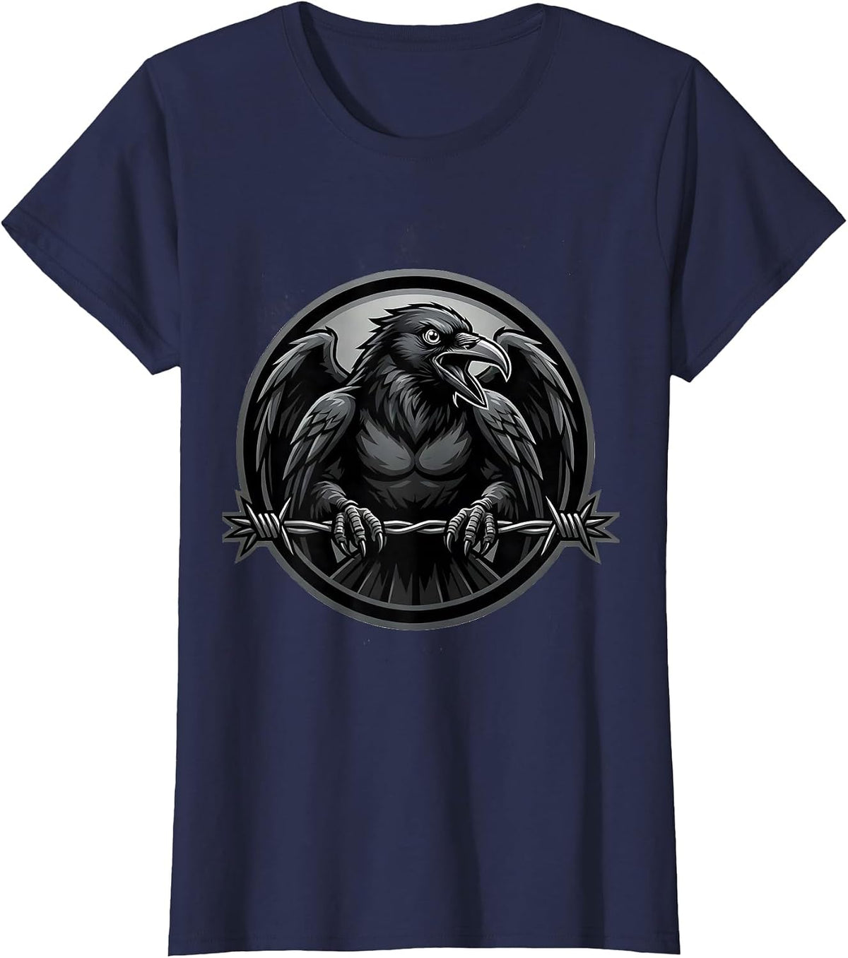 Women's Crow on Barbed Wire Fence Illustration T-Shirt - Navy Blue