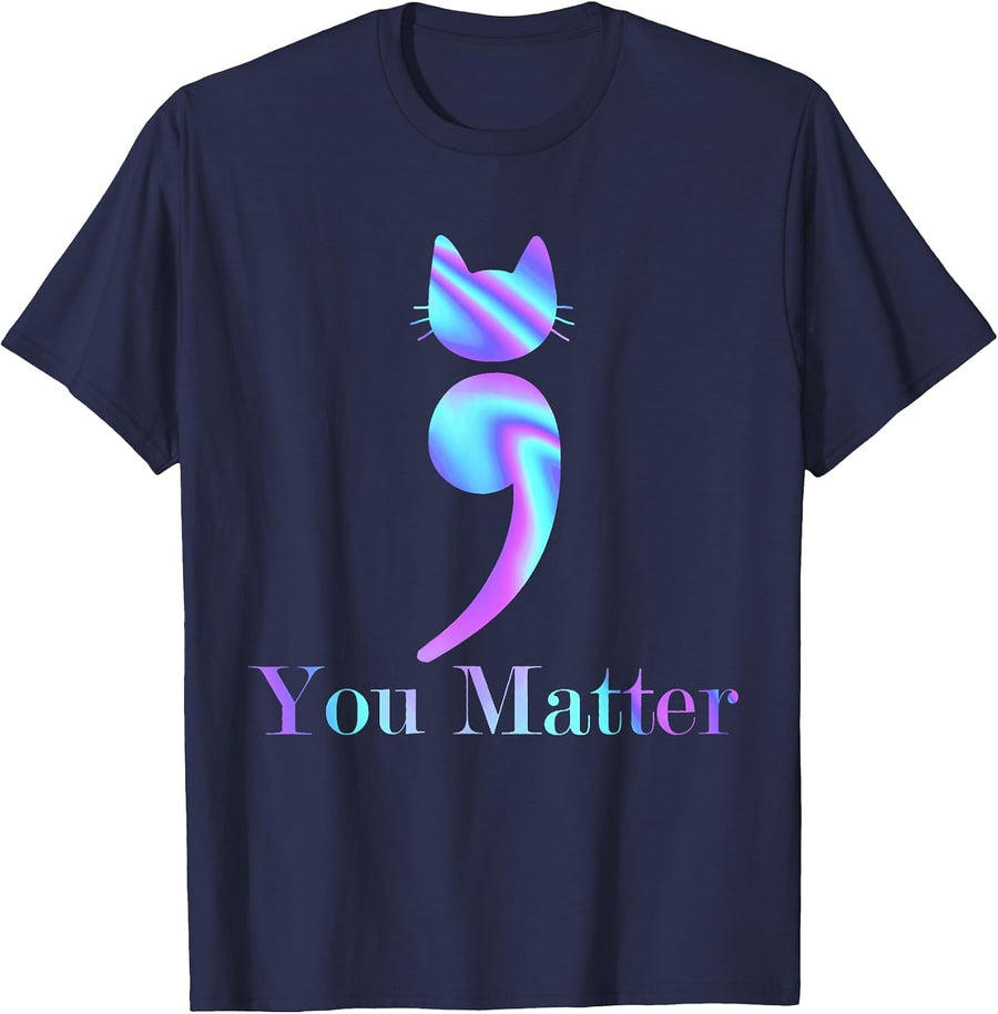 You Matter Semicolon Cat Suicide Mental Health Awareness T-Shirt - Navy Blue