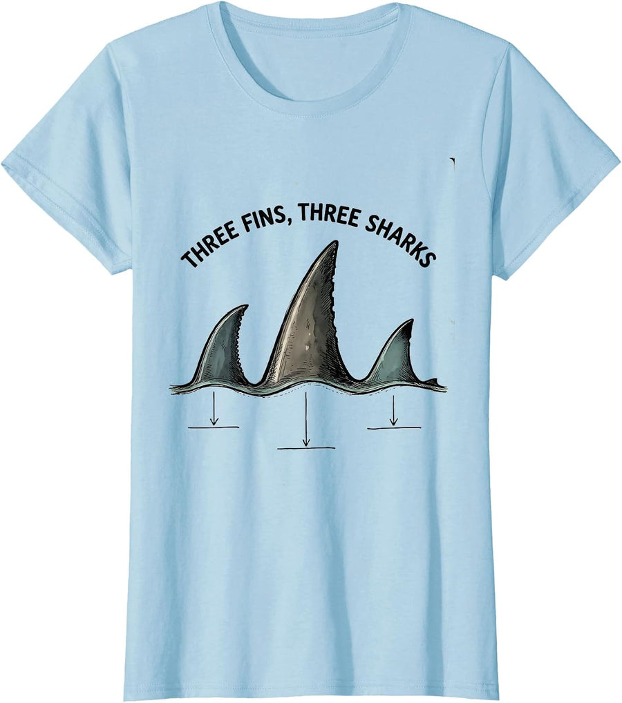 Women's Three Fins, Three Sharks Hand-Sketched Marine Biology Humor T-Shirt - Baby Blue