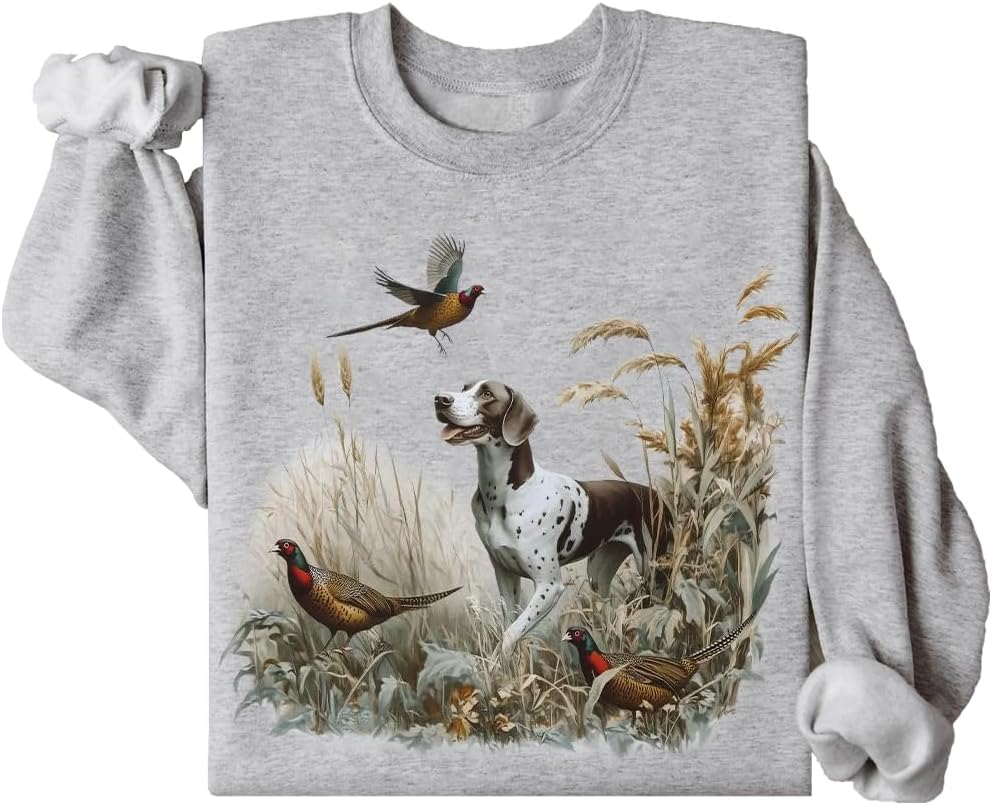 Retro German Shorthaired Pointer Dog & Pheasants Sweatshirt, 90s Vintage GSP Ring-Necked Hunter Sweatshirt - Grey