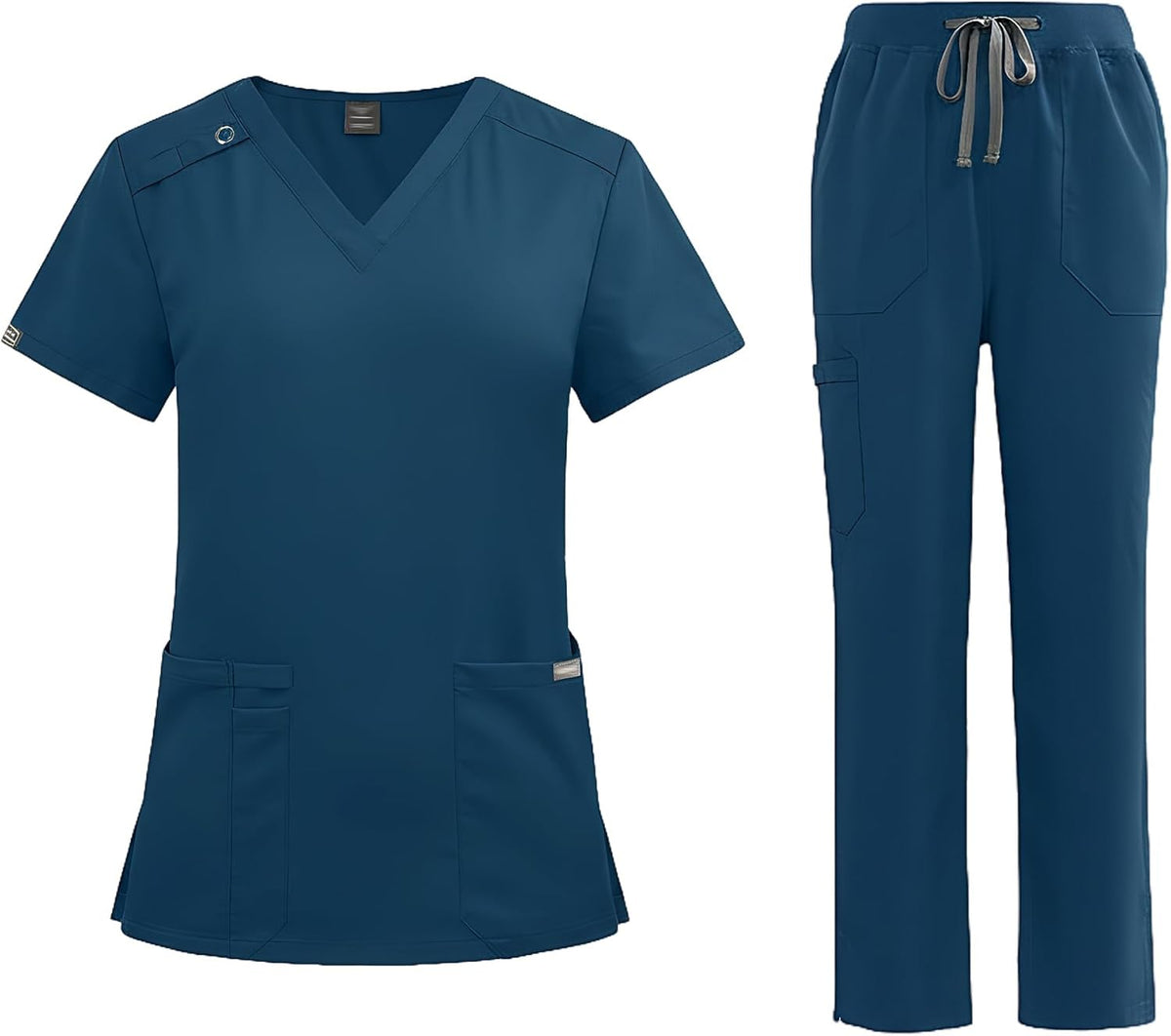 Scrub Suit Set Short Sleeve Unisex V Neck Top with 2 Pockets Straight Leg Pants with Waist Medical Uniform DK86 - Clear Blue
