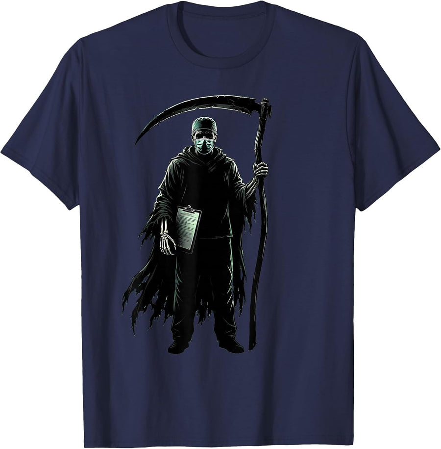 Halloween Grim Reaper Surgical Scrubs Design T-Shirt - Navy Blue