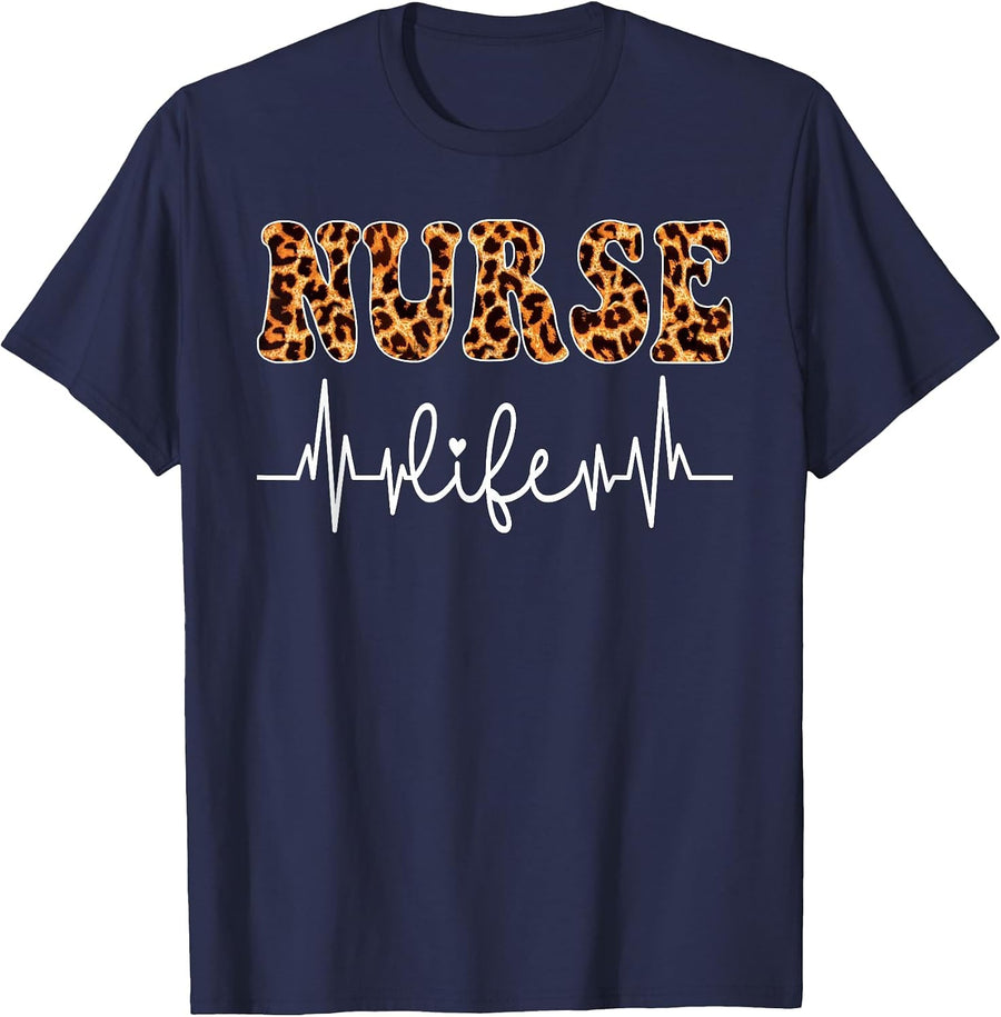 Leopard Nurse Life for Women Nursing Tee Nurse's Day T-Shirt - Navy Blue