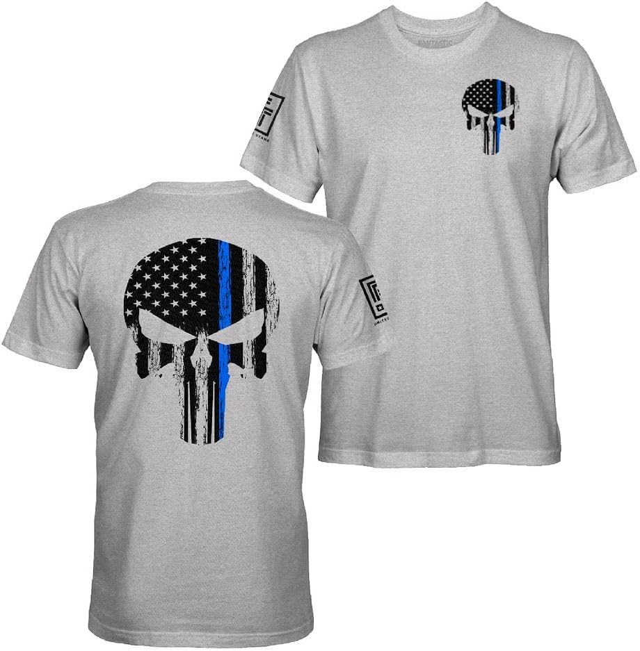Fantastic Tees American Flag Skull Service Men's Patriotic T-Shirt - Blue Line - Sport Grey Shirt
