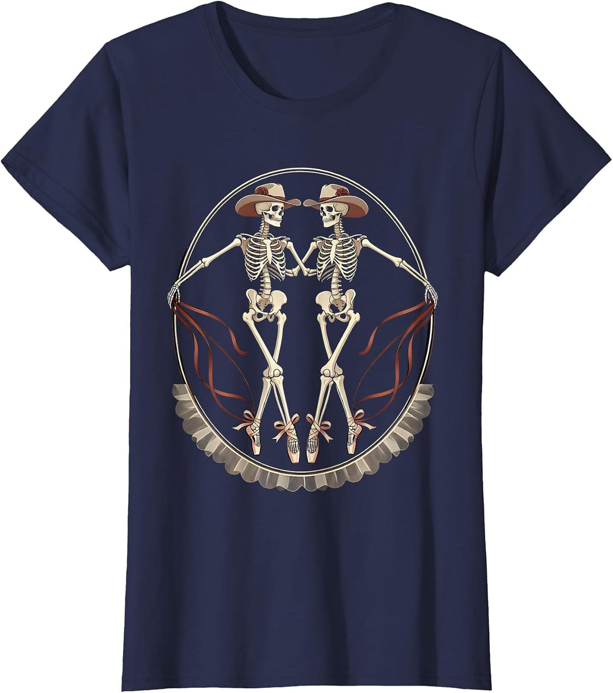 Women's Skeleton Cowboy Line Dancing Illustration T-Shirt - Navy Blue