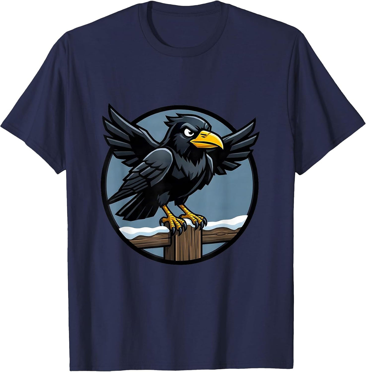 Crow on Snow-Covered Fence Post Illustration T-Shirt - Navy Blue