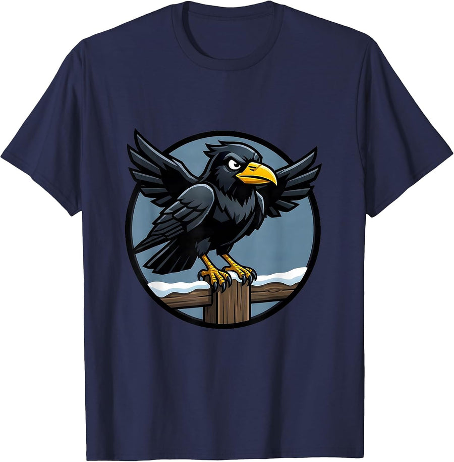Crow on Snow-Covered Fence Post Illustration T-Shirt - Navy Blue