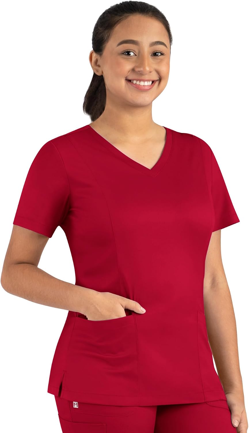 Maevn Matrix Women’s Modern Fit Double V-Neck Medical Nurse Scrub Top, 3 Pockets, Inner Utility Loop, Bungee Loop - Red