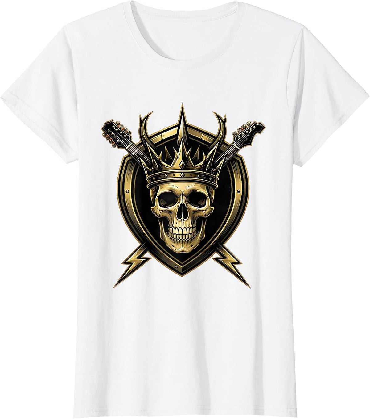Women's Skull Crown Guitar Headstock Rock Band Graphic T-Shirt - White