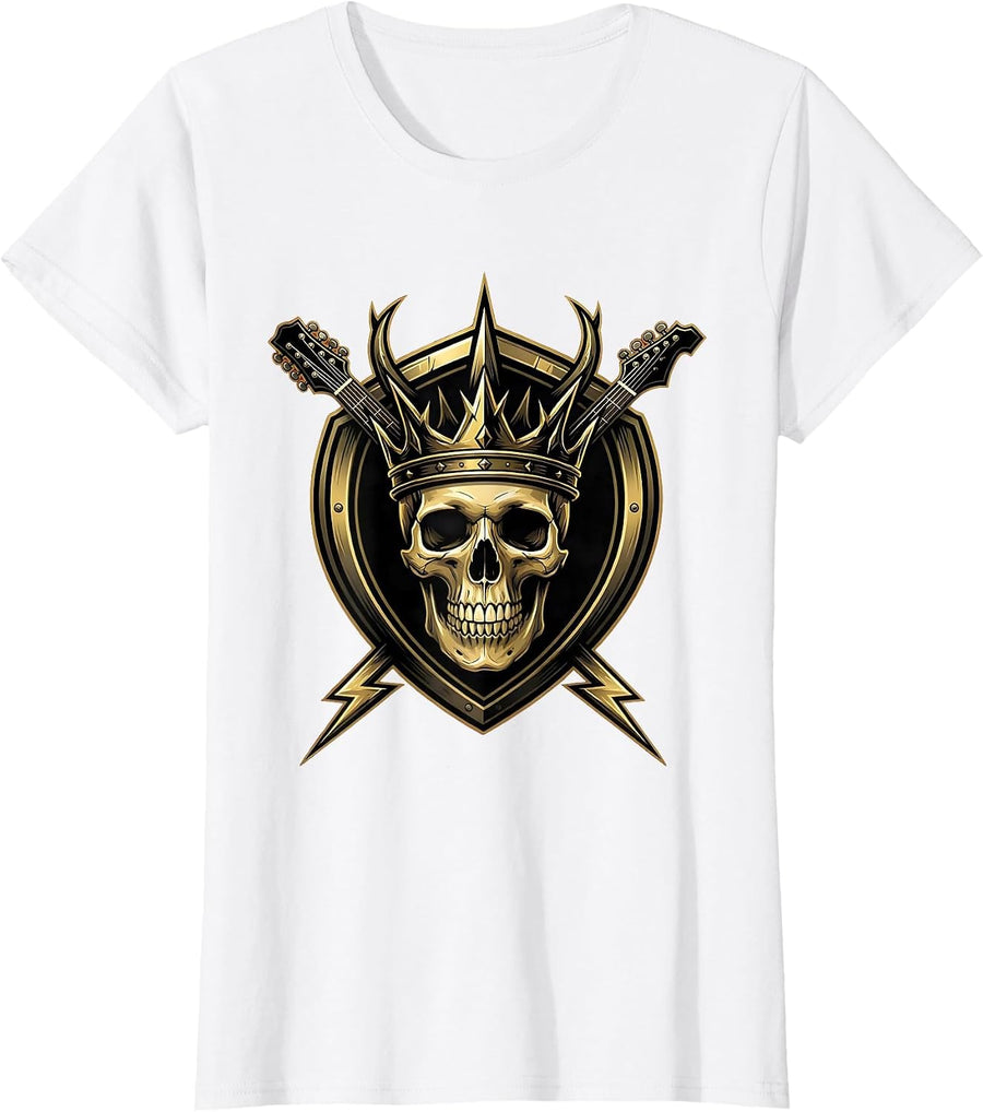 Women's Skull Crown Guitar Headstock Rock Band Graphic T-Shirt - White