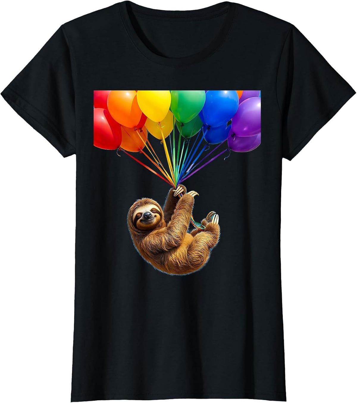 Sloth Birthday Balloon Hanging Cute Illustration T-Shirt - Black