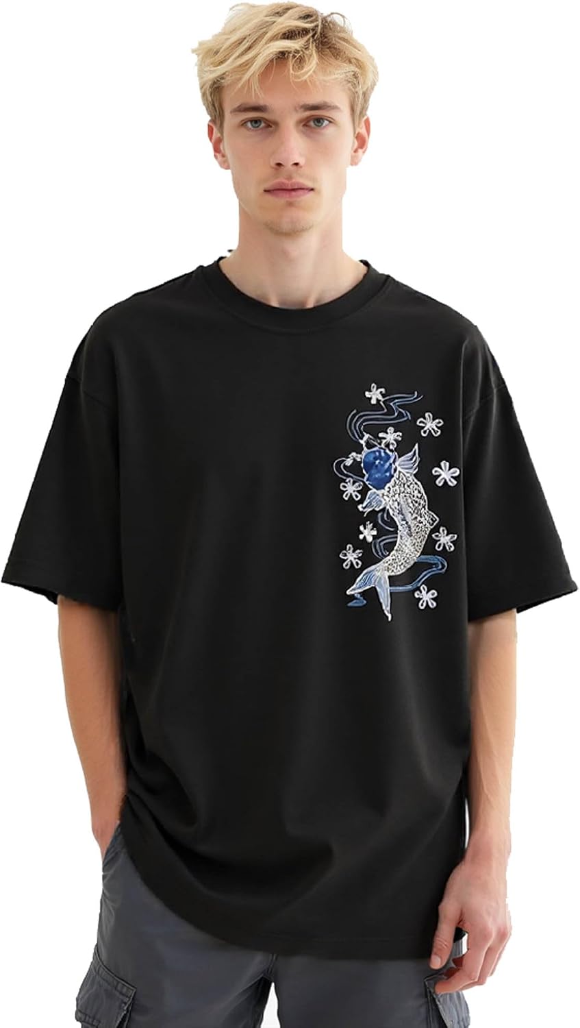 Men's Streetwear Blue Koi Embroidered T-Shirt Cotton Round Neck Short Sleeves Mens Summer Baggy Anime Tech Shirt - Black