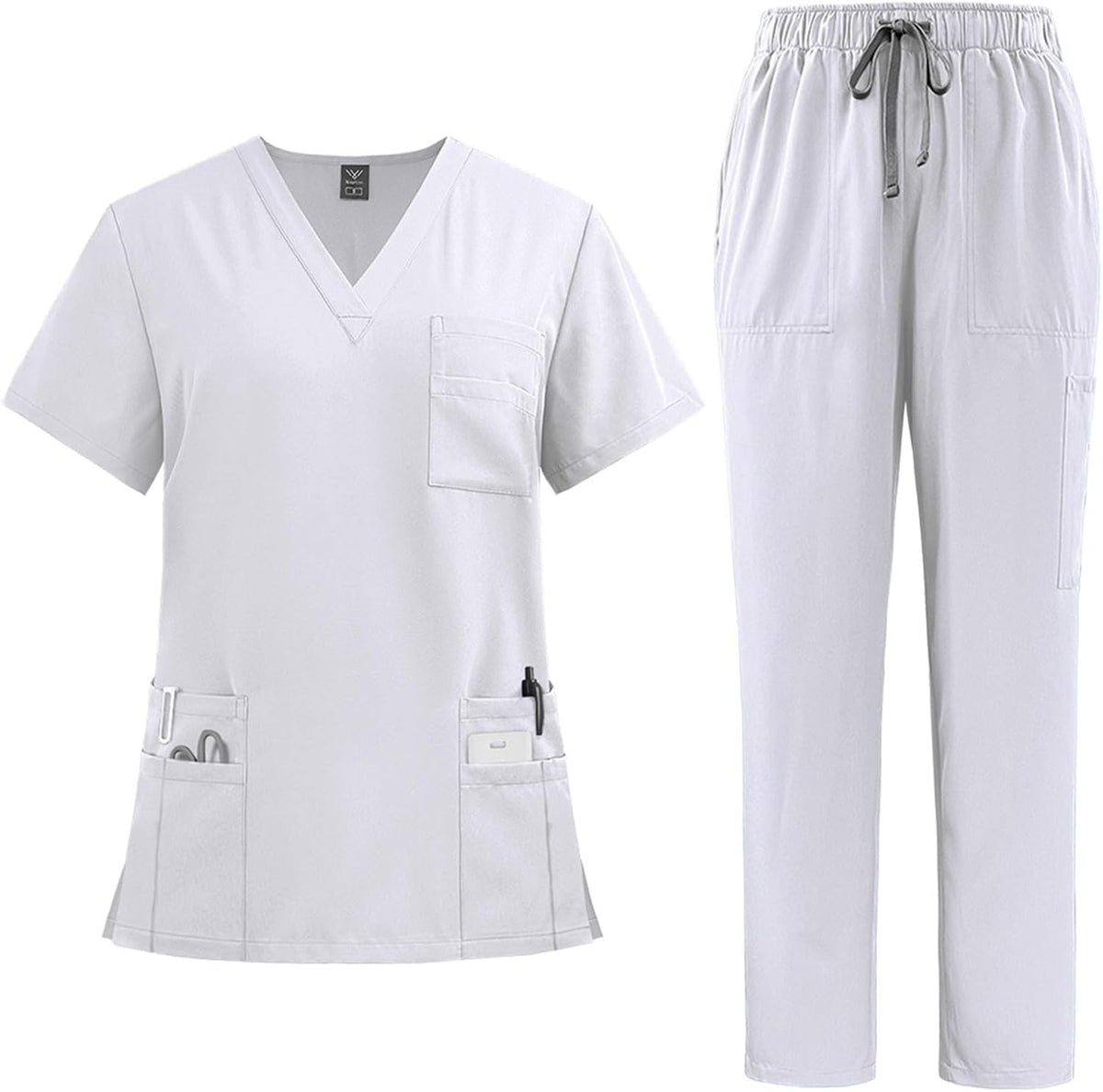 Scrubs for Women Set V Neck Stretch Jogger with Pockets Nursing Uniform - A19-white