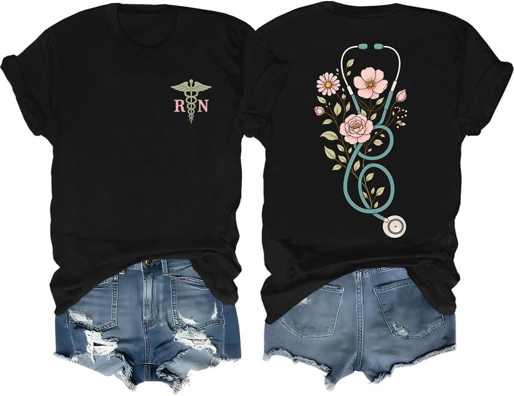 Nurse Shirt for Women RN CNA Boho Floral Nurse Stethoscope T-Shirt - Black