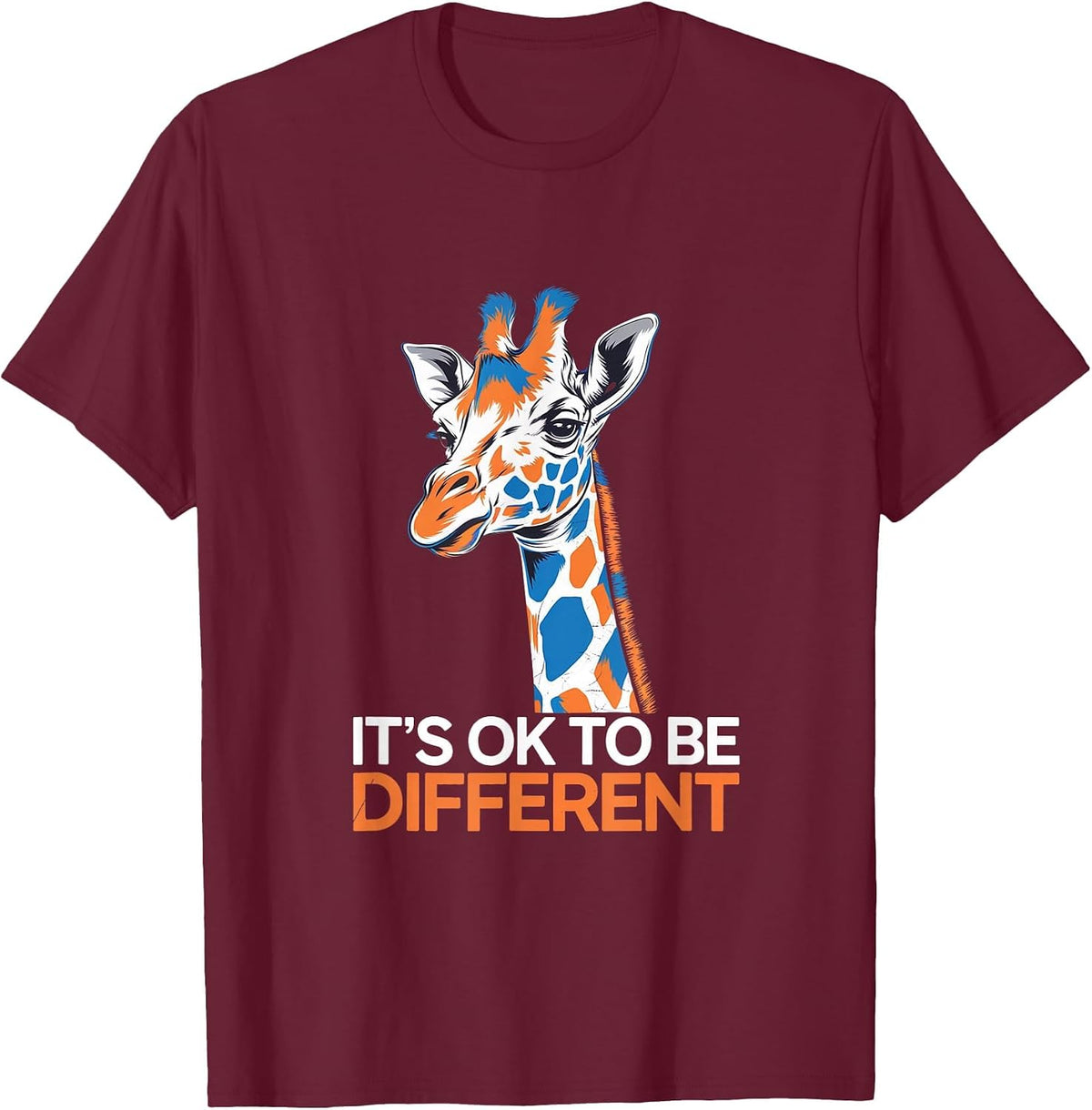 Giraffe Autism Autistic Awareness It's Ok to Be Different T-Shirt - Burgundy