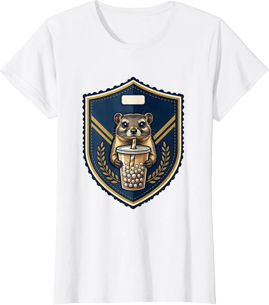 Women's Athletic Shield Chinchilla Boba Tea Kawaii Animal Lover T-Shirt - White