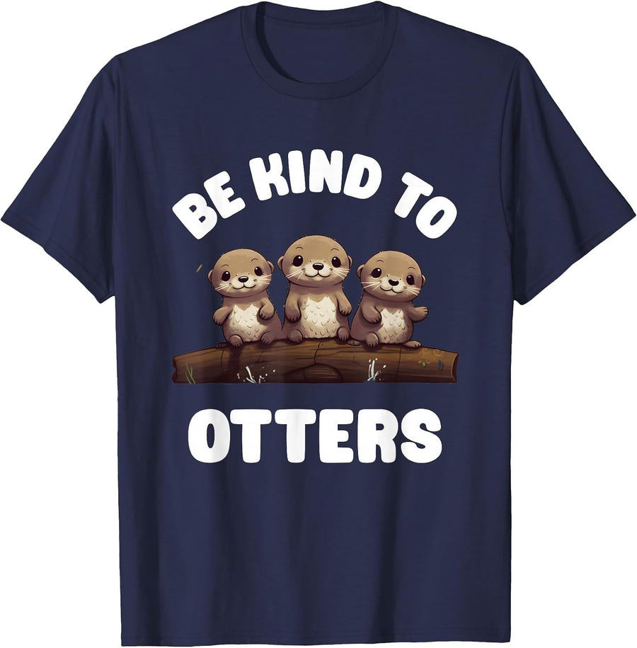 Three Kawaii Be Kind to Otters Cute Baby River Otters T-Shirt - Navy Blue
