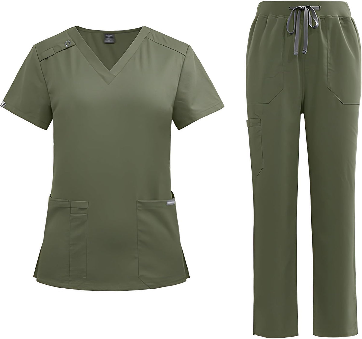 Scrub Suit Set Short Sleeve Unisex V Neck Top with 2 Pockets Straight Leg Pants with Waist Medical Uniform DK86 - Green