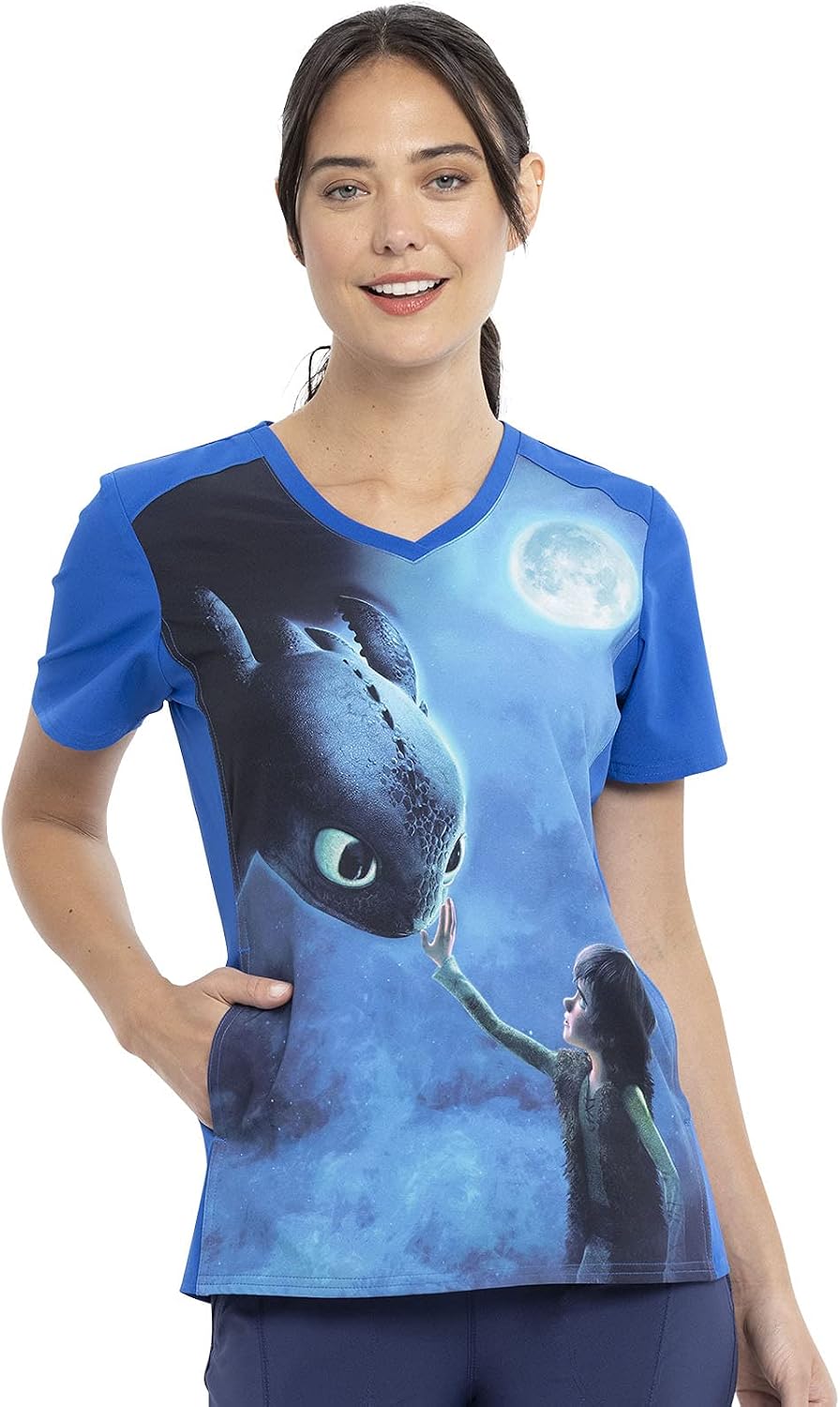 Tooniforms V-Neck Women Scrub Top Modern Classic Fit - Train Your Dragon